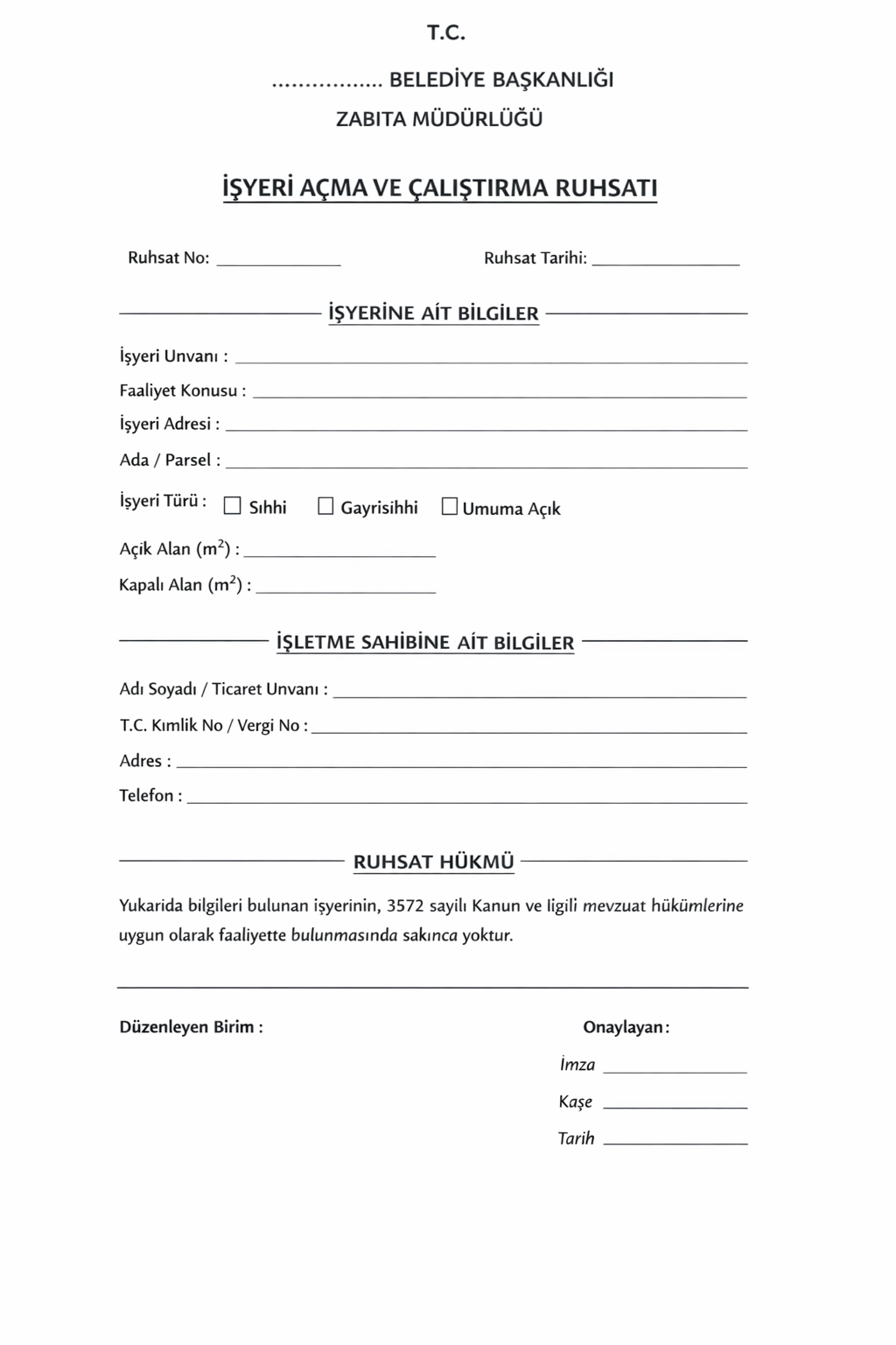 İşyeri Açma Ruhsatı